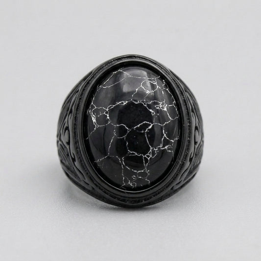 Black Marble Oval Cabochon Signet Ring