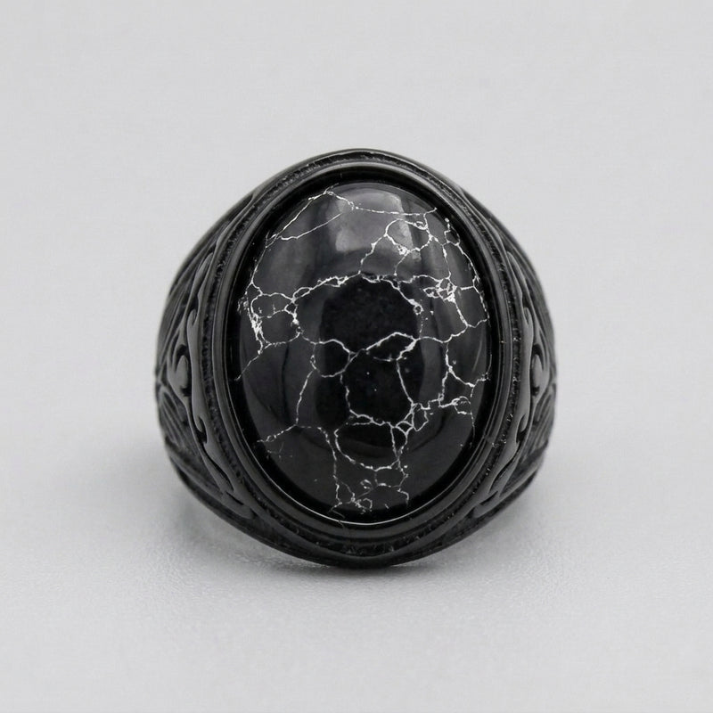 Black Marble Oval Cabochon Signet Ring