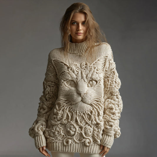 Comstylish Women's Vintage Cute Cat Art Knitted Warm Cazy High Neck Sweater