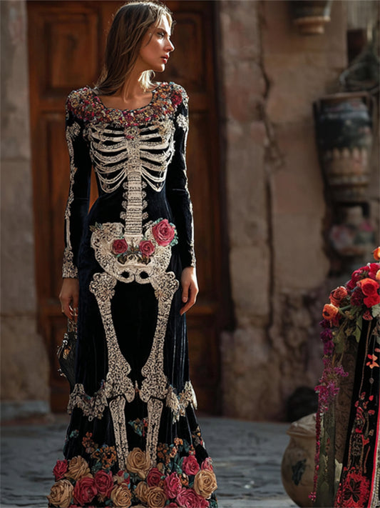 Comstylish Day Of The Dead Skeleton Roses Fiber Art Velvet Maxi Dress