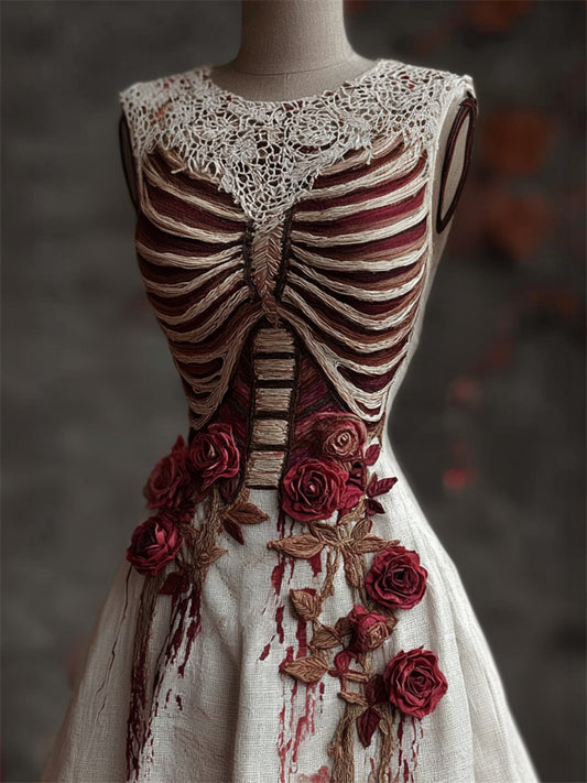Comstylish Halloween Bloody Red Roses Rib Cage Lace Patchwork Linen Dress