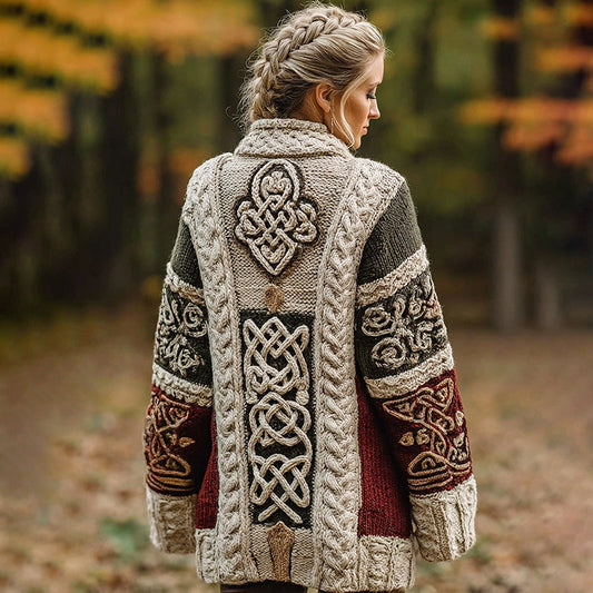 Women's Classic Celtic Knot Jacquard Contrast Lapel Cardigan elevenforest