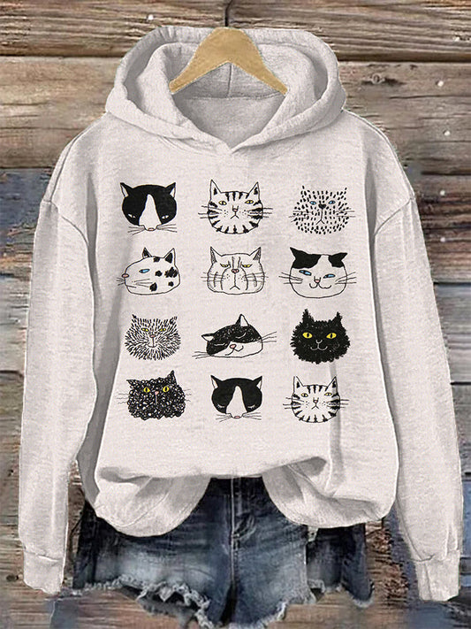 Funny Cat Faces Japanese Art Print Casual Hoodie elevenforest