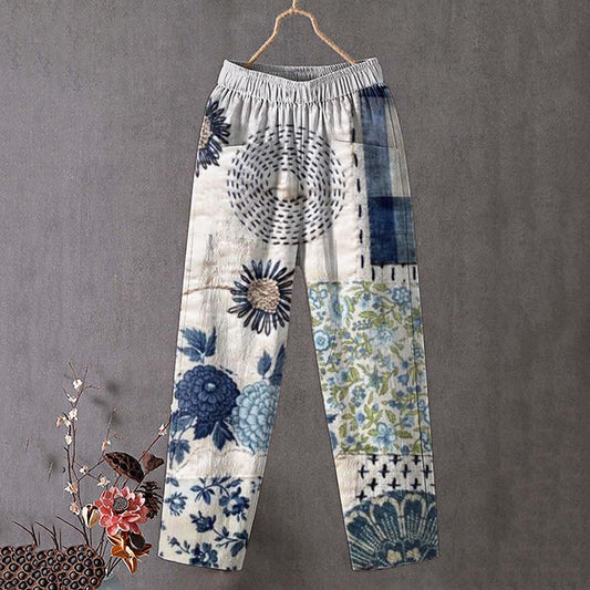 Comstylish Japanese Flower Art Print Linen Blend Pocket Pants