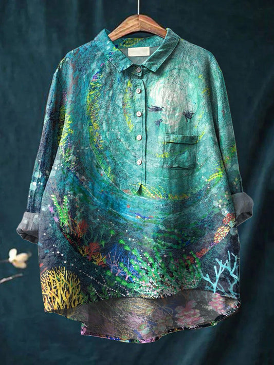 Vintage Lovely Ocean Scenery Art Print Casual Cotton And Linen Shirt