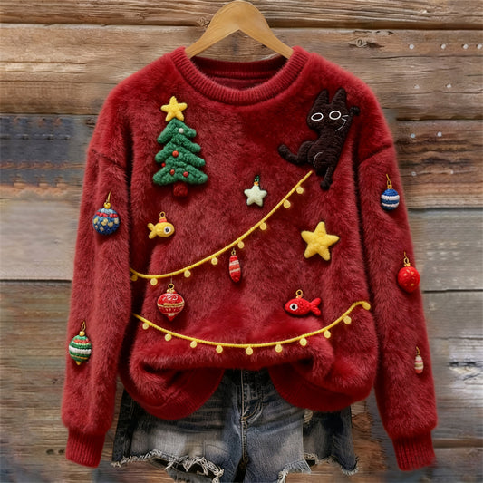 Comstylish Naughty Christmas Cat Women's Cozy Plush Sweater