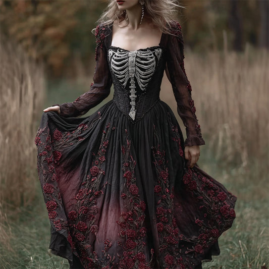 Comstylish Vintage Skeleton Roses Fiber Art Gradient Flowy Linen Maxi Dress