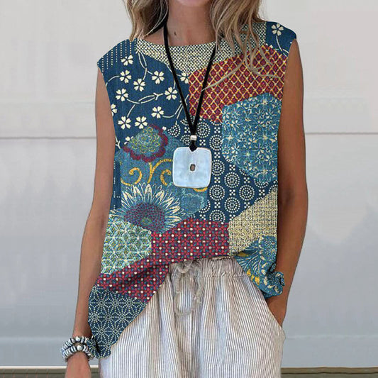 Comstylish Vintage Japanese Floral Art Patch Printed Casual Sleeveless Top