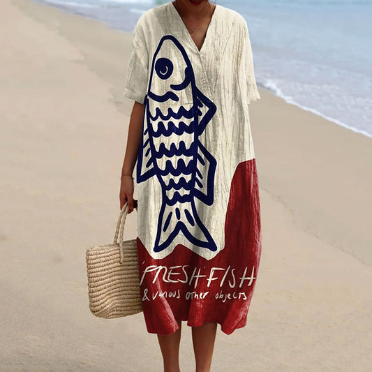Comstylish Women's Vintage Fish Art Print Flowy Dress