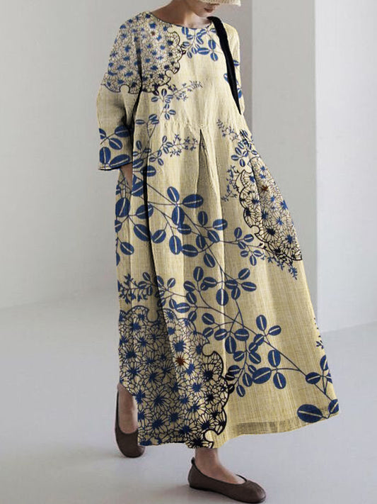 Comstylish Flowers Japanese Traditional Pattern Linen Blend Maxi Dress