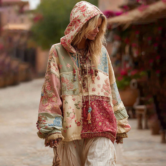 Comstylish Women's Floral Embroidery Patchwork Boho Casual Hooded Sweatshirt