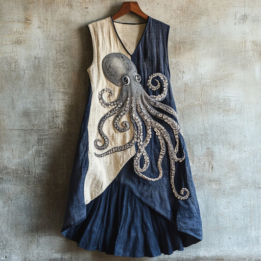 Comstylish Vintage Ocean Octopus Patchwork Art Linen Blend Tank Dress