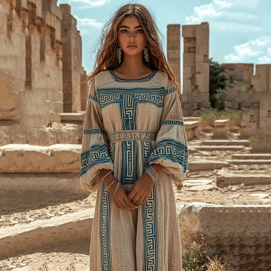 Retro Greek Key Crew Neck Linen Blend Maxi Dress artswardrobe