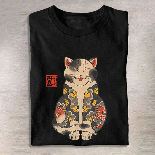 Cute Japanese Ukiyoe Tattoo Cat Print T-Shirt elevenforest