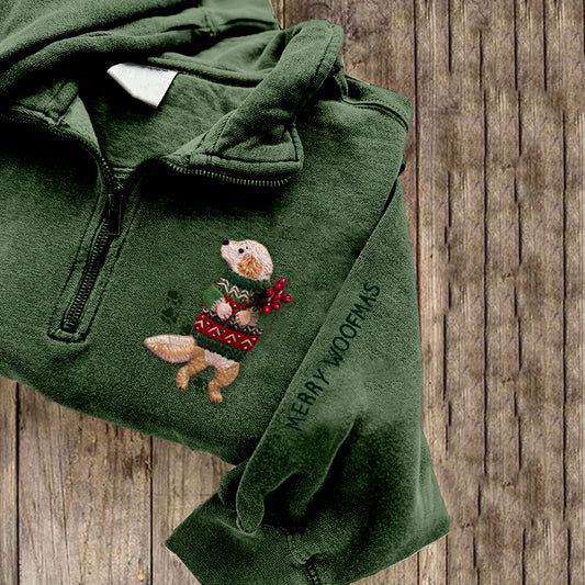 Cute Golden Retriever Christmas Puppy Embroidered Art Cozy Zipper Sweatshirt artswardrobe