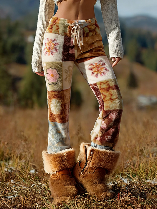 Comstylish Bohemian Style Plant Flower Pattern Women's Winter Warm Flannel Long Pants