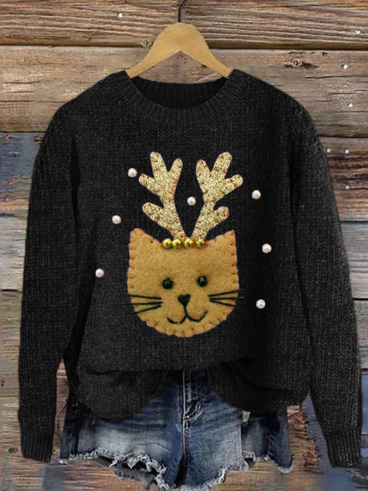 Christmas Reindeer Cat Patch Cozy Knit Sweater elevenforest
