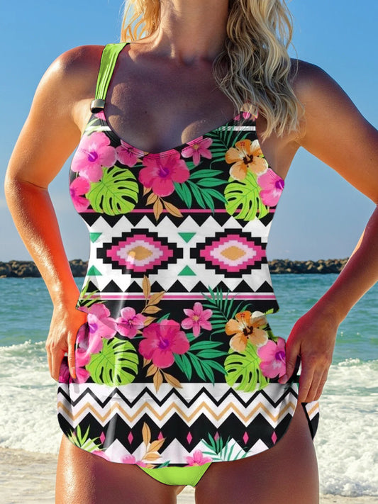Vintage Floral Print Halter Ruffle Ruched Jacquard Tankini Short Set