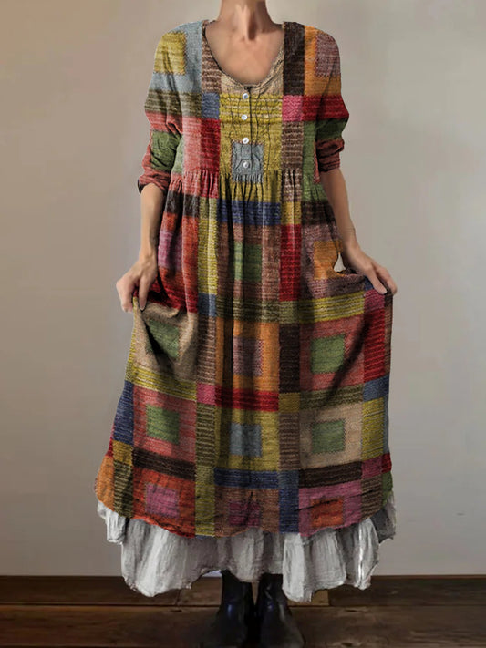 Women's Vintage Plaid Art Print V-Neck Button Pocket Cotton Dress