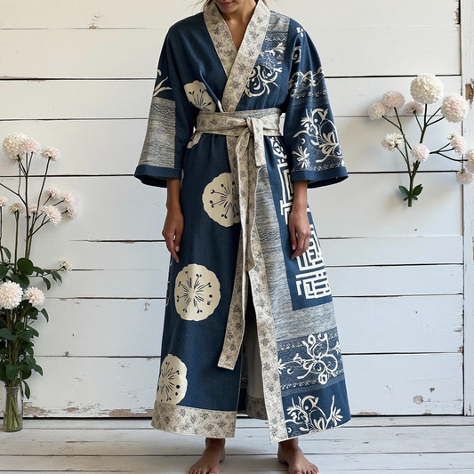 Women's Retro Japanese Traditional Sashiko Art  Linen V-neck Robe artswardrobe
