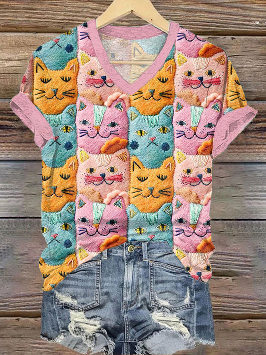 Cute Cat Pattern V-neck Short Sleeve T-Shirt elevenforest