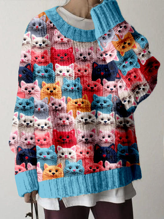 Comstylish Colorful Cute Cats Pattern Cozy Knit Sweater