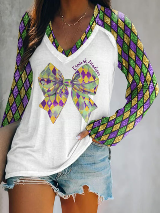 Comstylish V-Neck Retro Mardi Gras Bowknot Raglan Sleeves Print T-Shirt