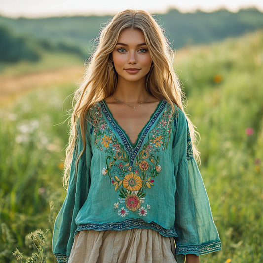 Comstylish Vintage Floral Embroidery Linen V-neck Shirt