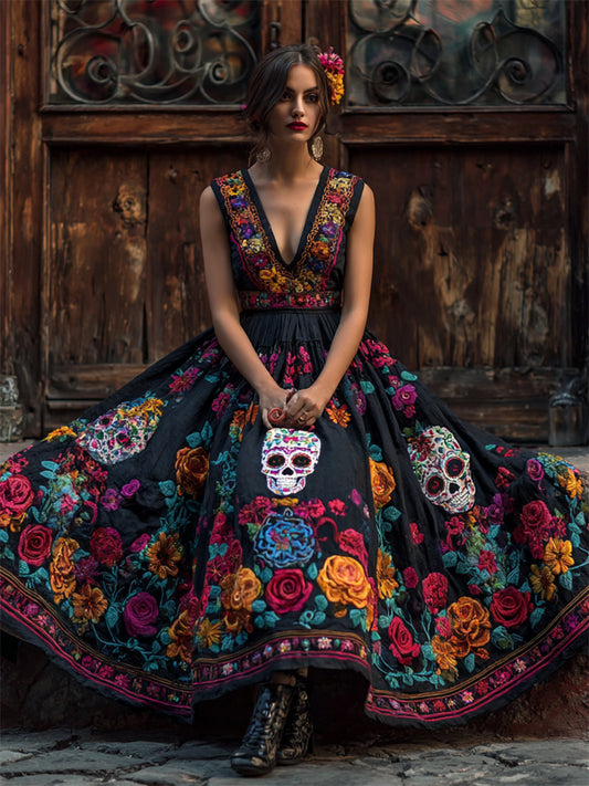 Comstylish Day Of The Dead Sugar Skulls Mexican Floral Linen Maxi Dress
