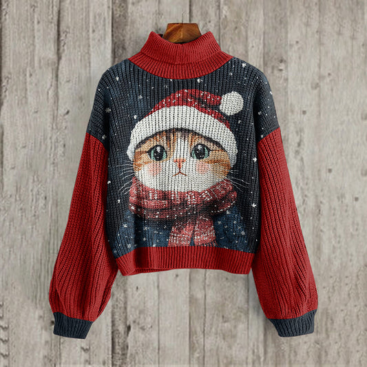 Cute Christmas Cat Print Turtleneck Knit Cozy Sweater elevenforest