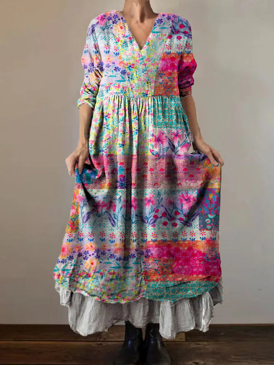 Women's Vintage Floral Patchwork Art Print V-Neck Button Pocket Cotton