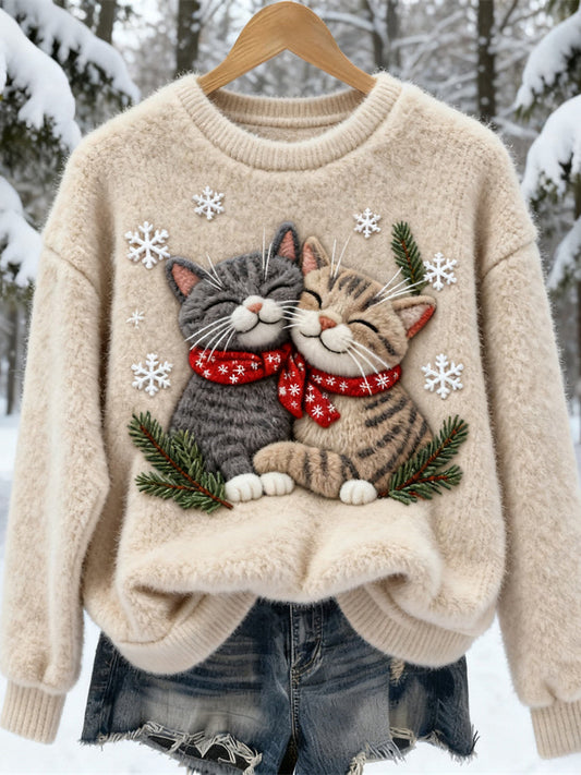 Christmas Winter Cute Cat Women's Soft Plush Sweater elevenforest