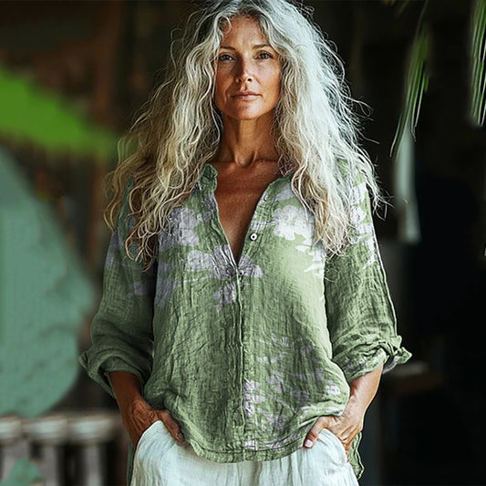 Comstylish Bohemian Style Linen Floral Art Print Long Sleeve Shirt