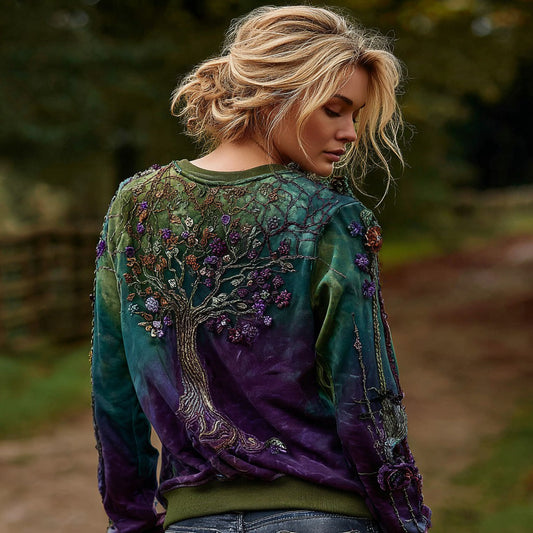 Women's Vintage Viking Tree Of Life Art Gradient Comfortable Crew Neck Sweatshirt artswardrobe