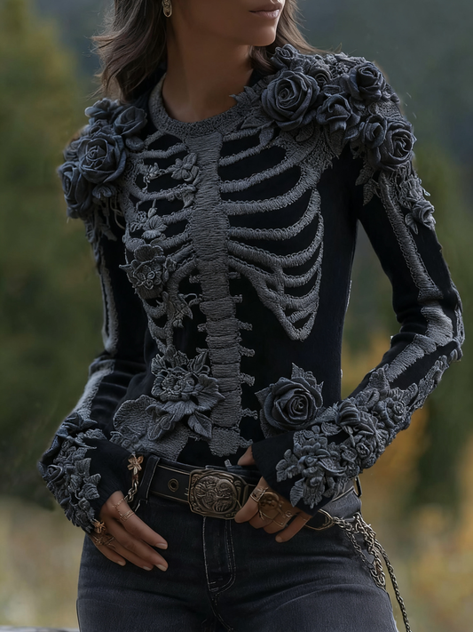 Women's Halloween Skeleton Bones With Roses Art Knitted Warm Sweater artswardrobe