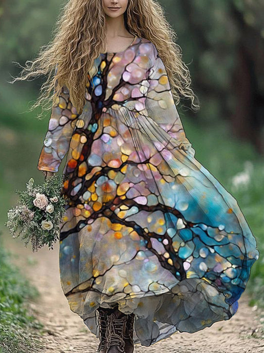 Oil Flower Tree Art Women's Linen Maxi Dress artswardrobe