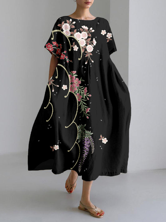 Comstylish Japanese Cherry Blossoms Art Linen Blend Maxi Dress