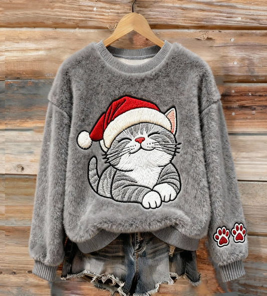 Women's Cute Christmas Cat Embroidery Art Comfort Plush Sweatshirt elevenforest