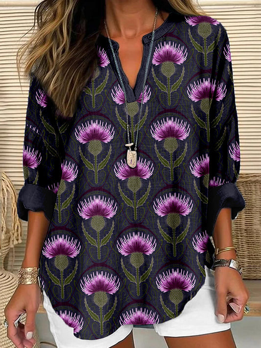 Comstylish Vintage Scottish Thistle Pattern Linen Blend Cozy Shirt