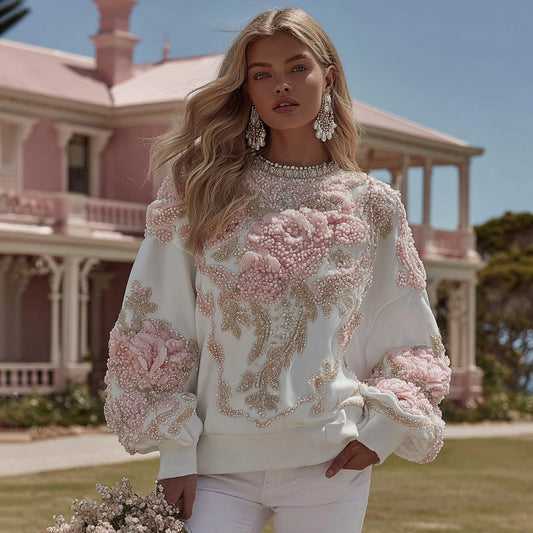 Comstylish Women's Vintage Flower Embroidery Art Crew Neck Casual Sweatshirt
