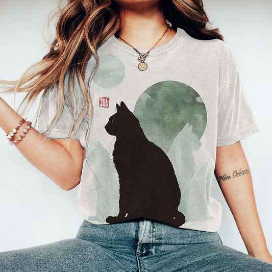 Women's Creative Cute Cats And Moon Painting Art T-Shirt elevenforest