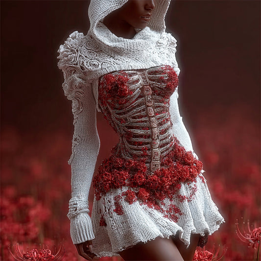 Comstylish Halloween Skeleton & Floral Embroidered Women's Knit Hooded Mini Dress