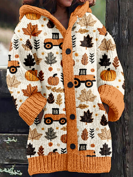 Fall Tractor & Pumpkins Embroidery Cozy Hooded Cardigan artswardrobe