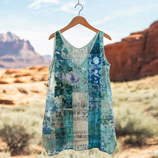 Vintage Floral Print Linen Blend Tank Top artswardrobe