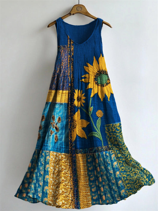 Ethnic Sunflowers Embroidered Patchwork Flowy Linen Tank Dress artswardrobe