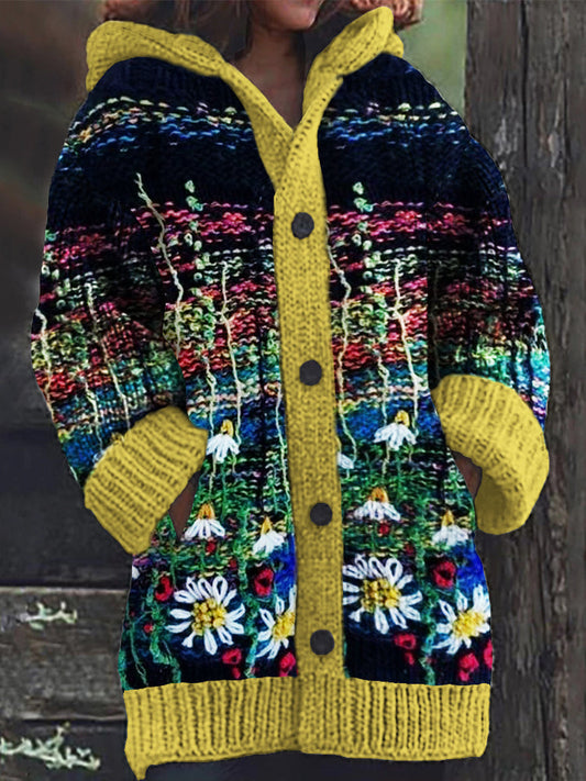 Vintage Art Knit Floral Women's Hooded Cardigan elevenforest