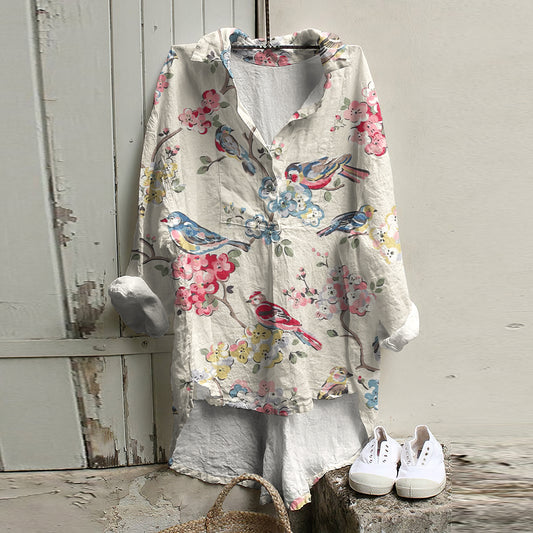 Comstylish Women's Vintage Bird And Floral Pattern Casual Button Shirt