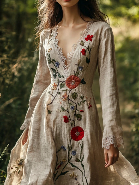 Vintage Forest Floral Embroidery Art Women's Linen Flowy Maxi Dress artswardrobe