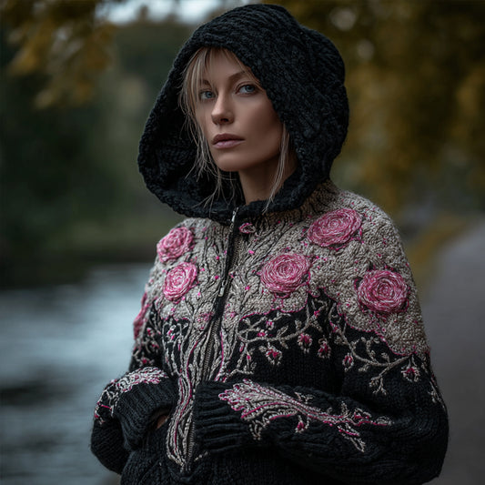 Comstylish Women's Viking Style Tree Of Life And Flower Hooded Cardigan Sweater