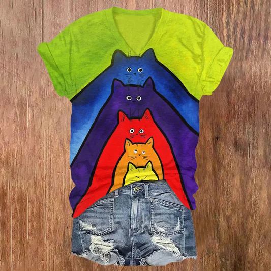 Cascading Rainbow Cat Painting V-Neck T-Shirt elevenforest